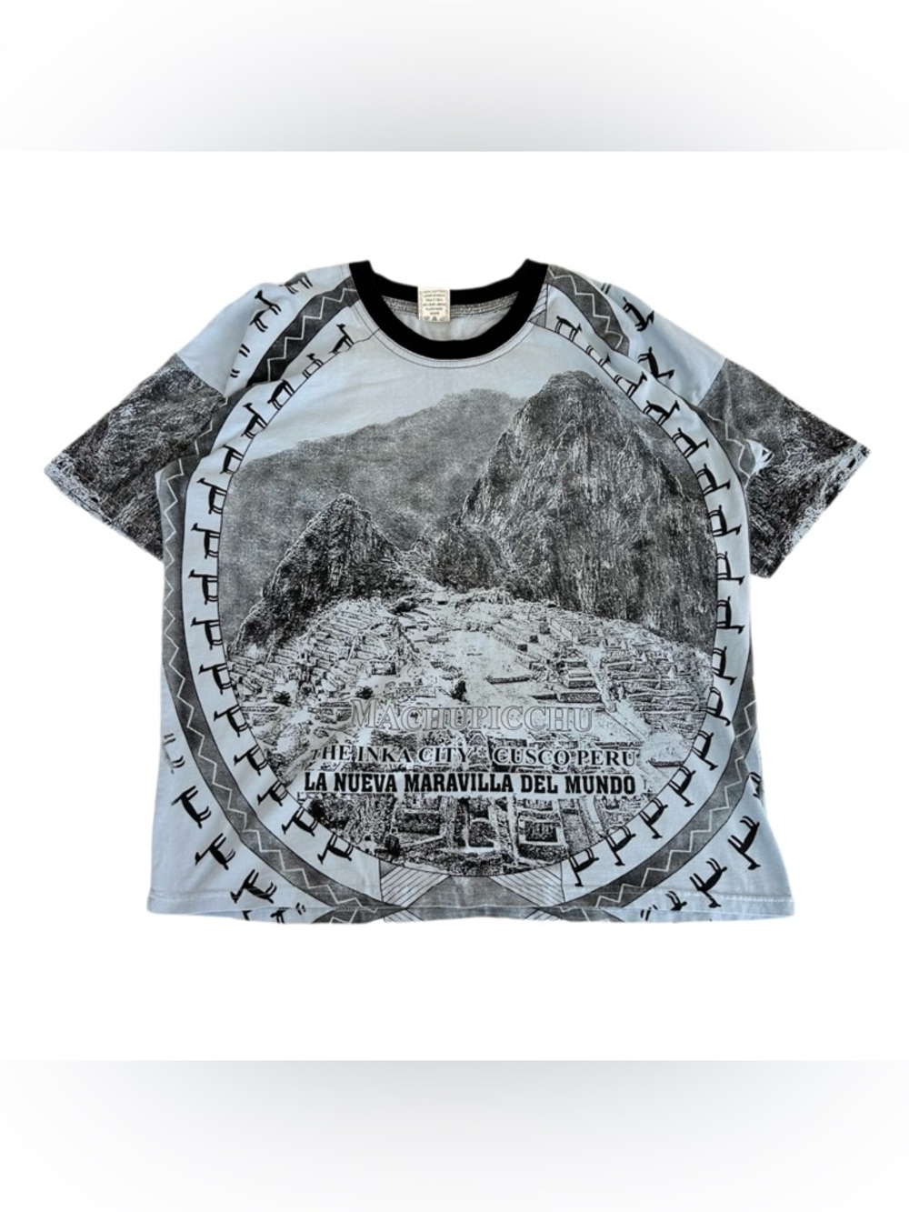 Vintage Blue All Over Print Machu Picchu Peru Nature Graphic T-shirt Large